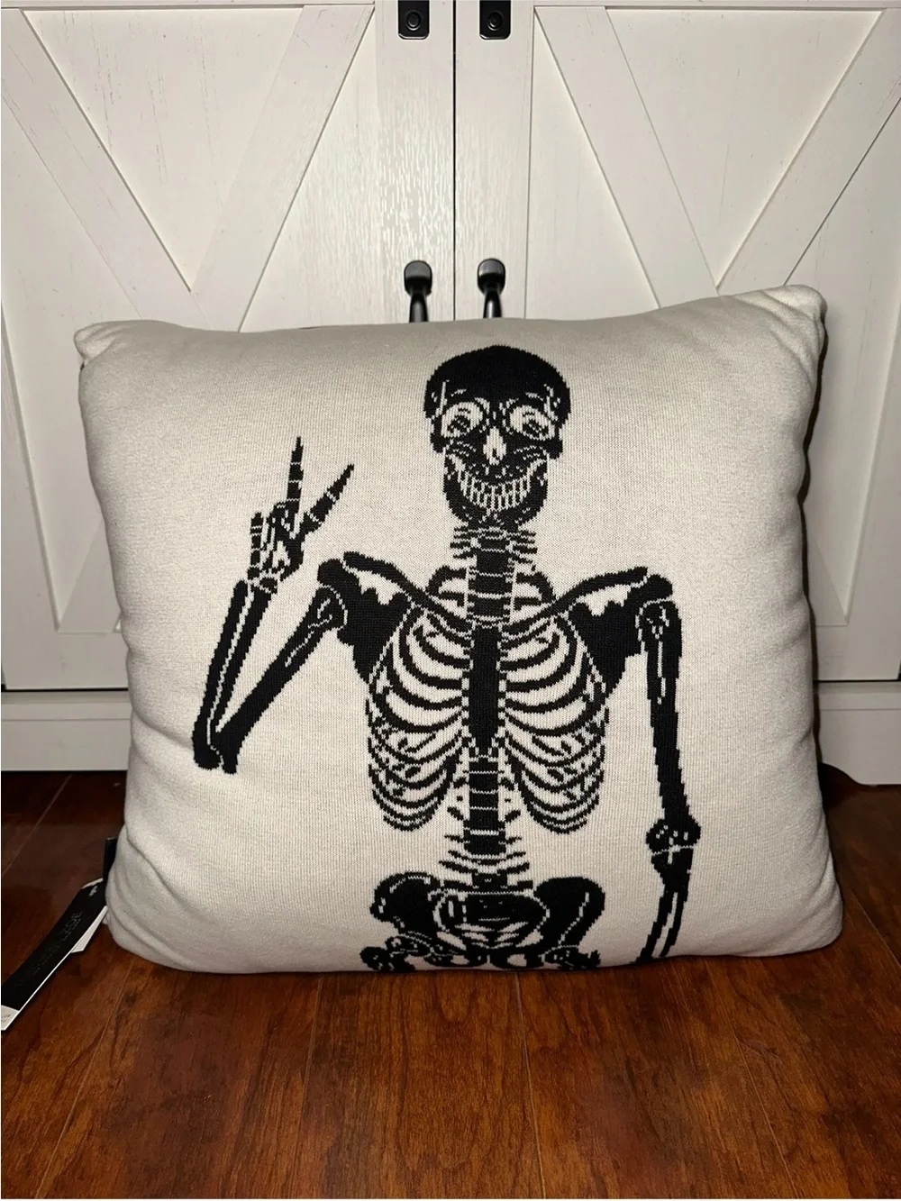 Rachel Zoe Black and White Skeleton Throwing Peace Sign Decorative Pillow